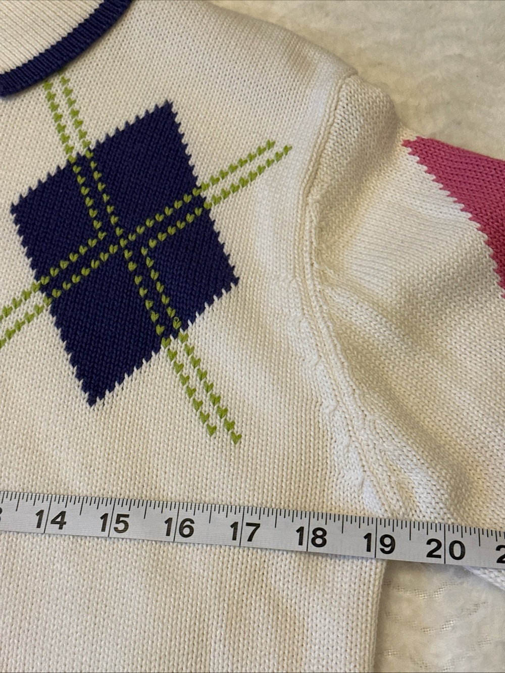 Petite Sophisticate White Argyle Polo Sweater with Pink, Navy & Lime Accents - Picture 5 of 7